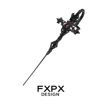 FXPX Y2K gothic cross earring with intricate black design and red gemstone accent