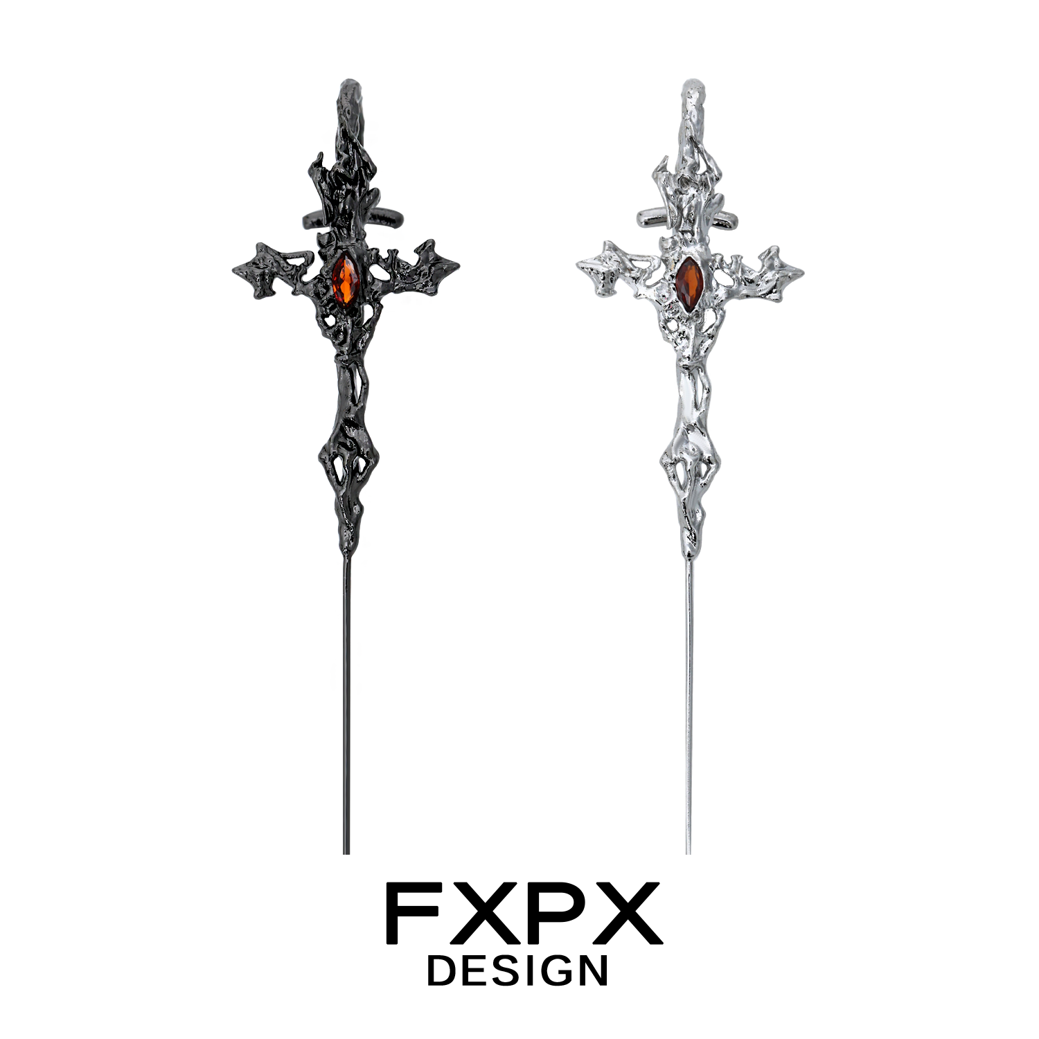 FXPX Y2K gothic cross earring in silver and black with intricate design and orange gemstone accent