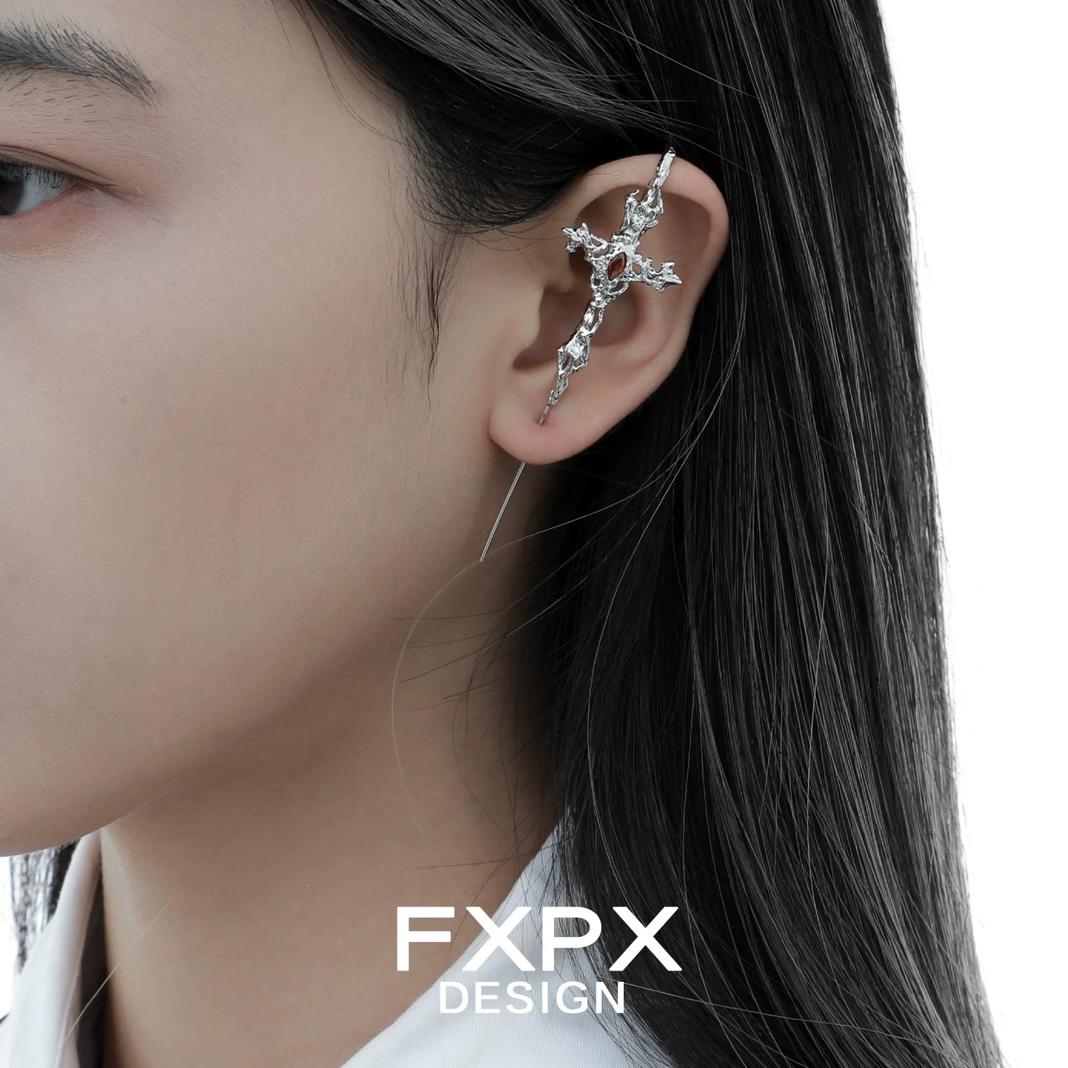 Stylish FXPX Y2K gothic cross earring showcased on a model's ear for a trendy look