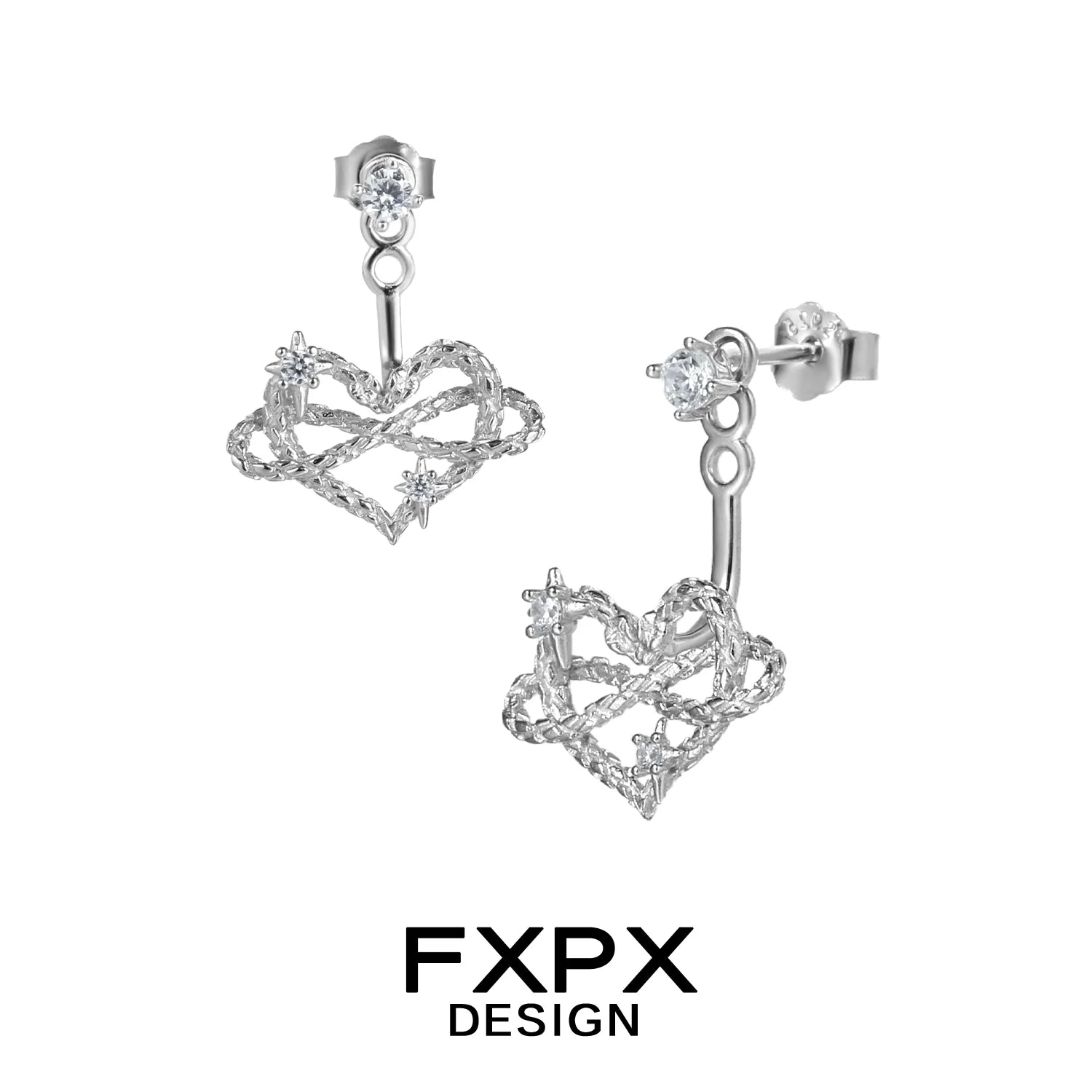FXPX Y2K heart earrings with sparkling crystals and a unique twisted design