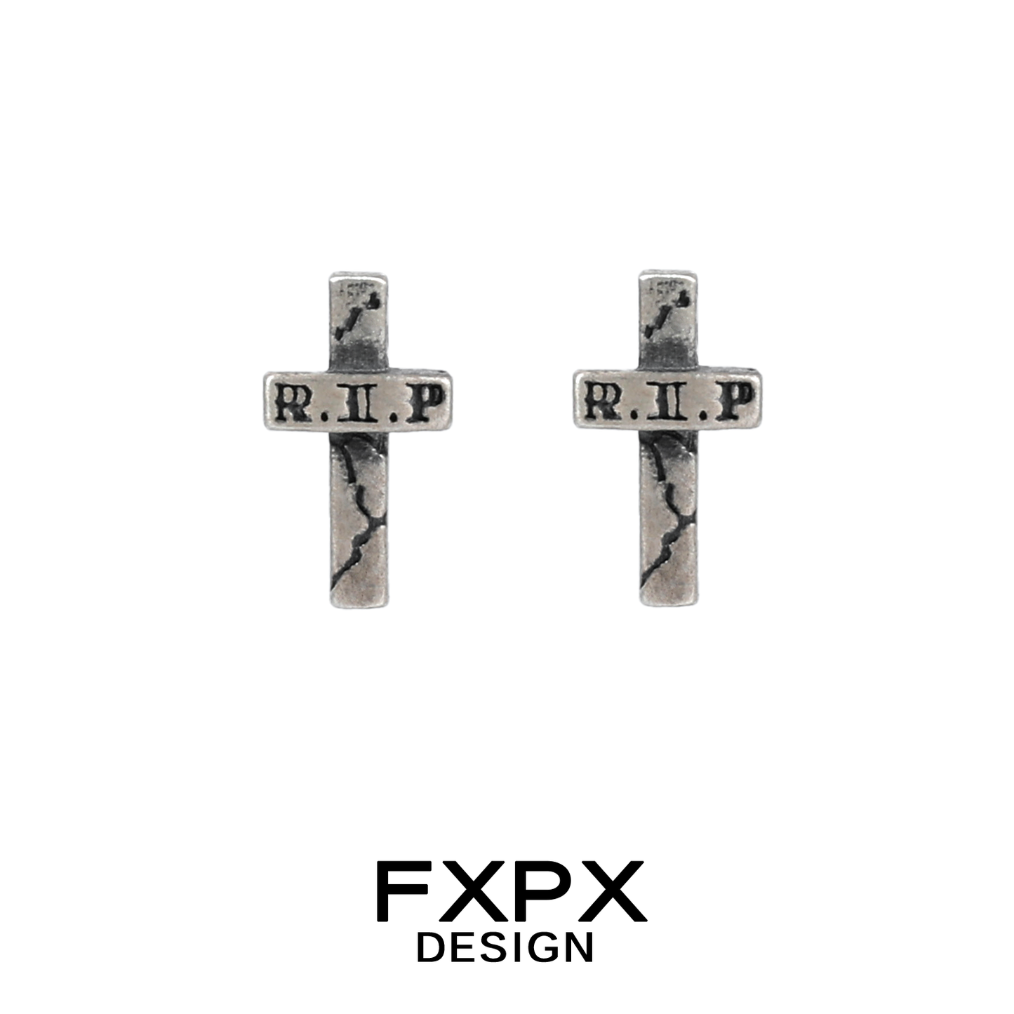 FXPX Y2K punk cross earrings in silver with R.I.P engraving for a trendy statement look