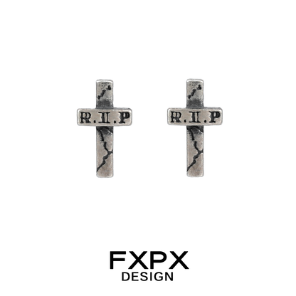 FXPX Y2K punk cross earrings in silver with R.I.P engraving for a trendy statement look