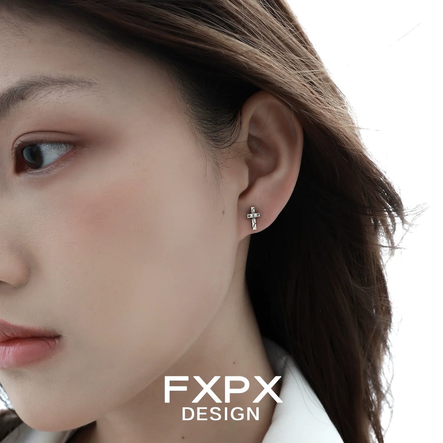 Elegant FXPX Y2K punk cross earrings displayed on a model's ear for a stylish look