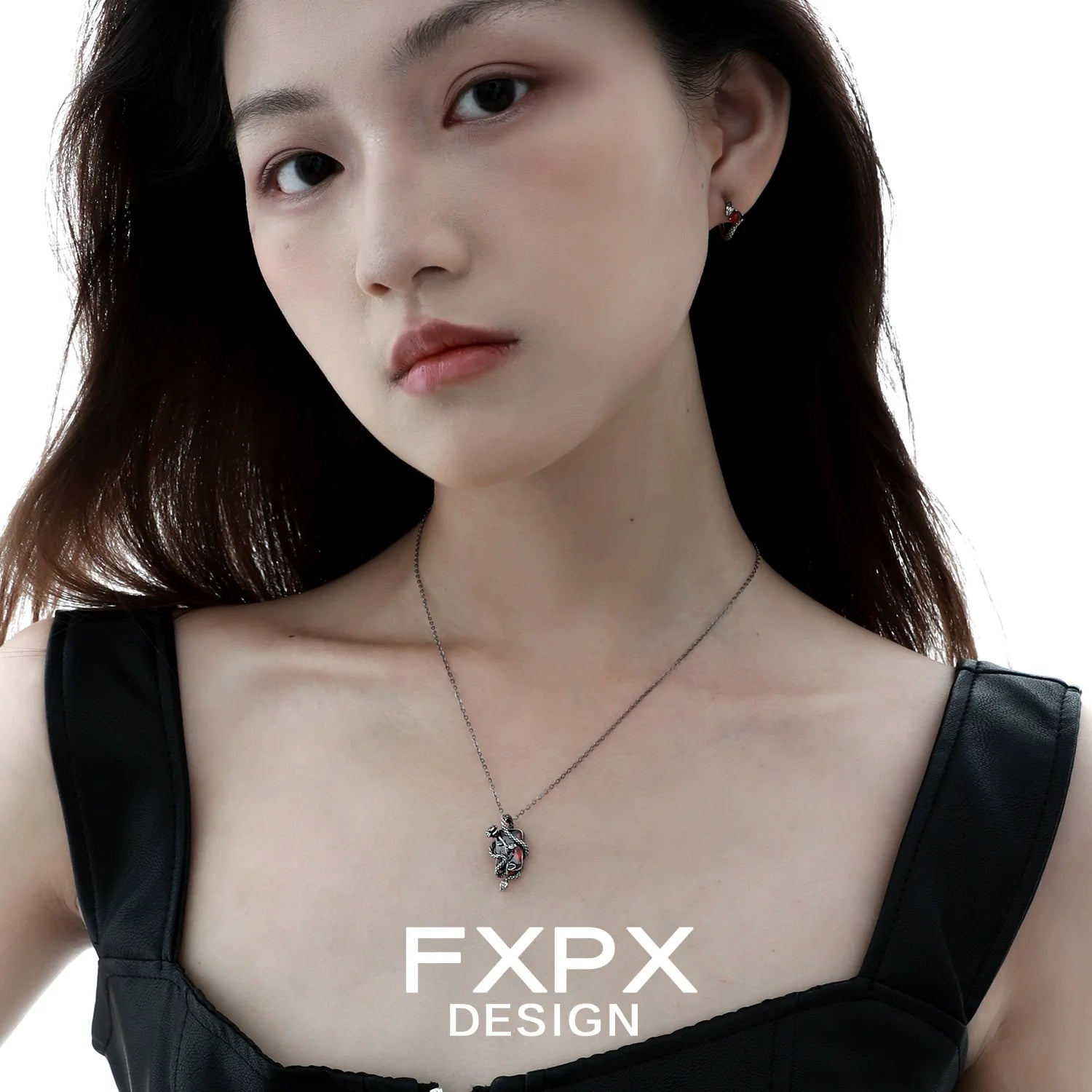 Y2K rose snake necklace worn by model with sleek hair and stylish outfit