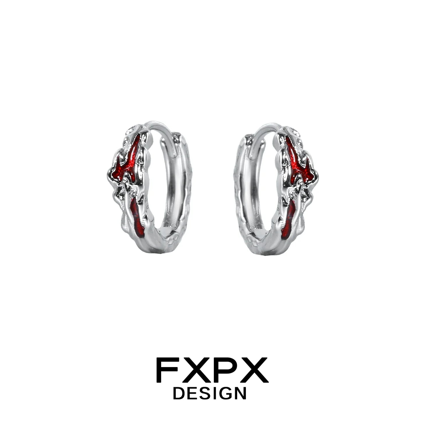 FXPX Y2K scarlet veil stud earrings with a unique twisted design in silver and red accents
