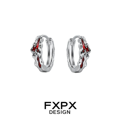 FXPX Y2K scarlet veil stud earrings with a unique twisted design in silver and red accents