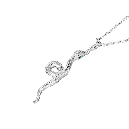 Y2K silver snake necklace featuring intricate details and green accent stone for a trendy look