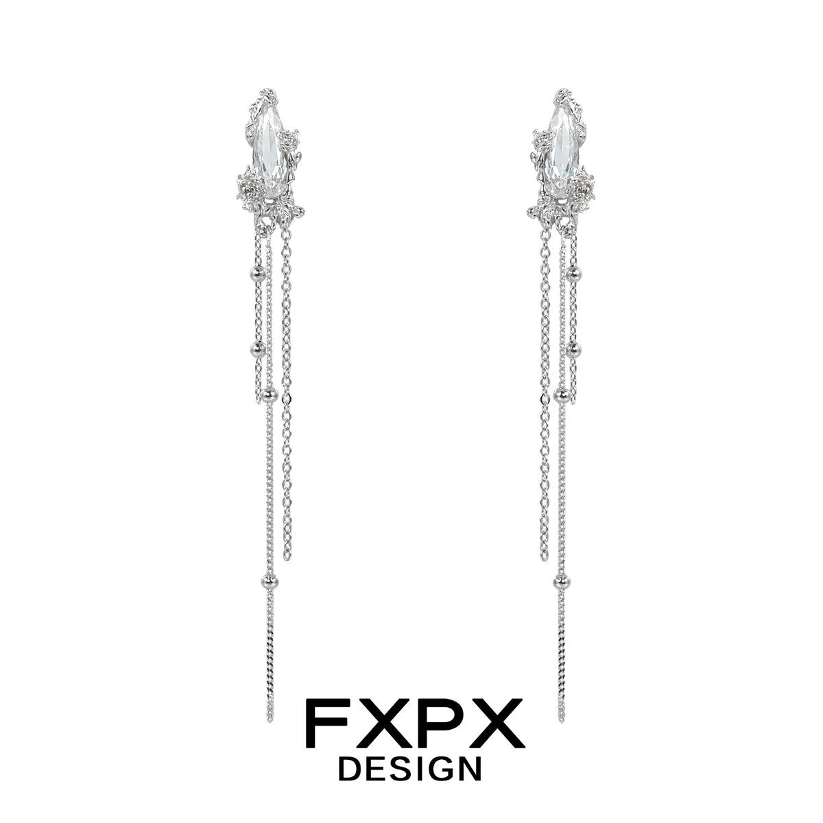 FXPX Y2K silver tassel earrings with shimmering crystal accents and elegant chain details