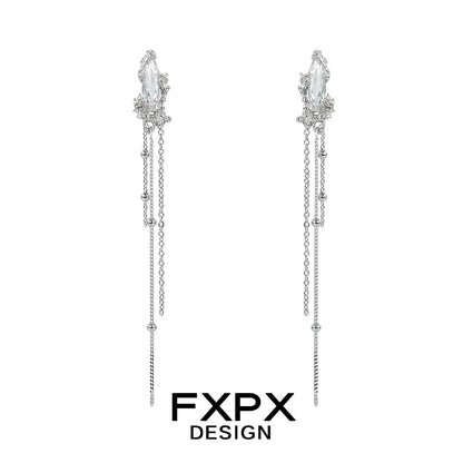 FXPX Y2K silver tassel earrings with shimmering crystal accents and elegant chain details