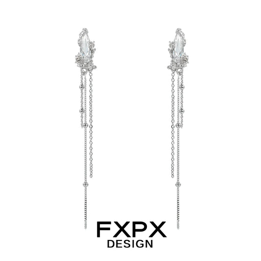 FXPX Y2K silver tassel earrings with shimmering crystal accents and elegant chain details