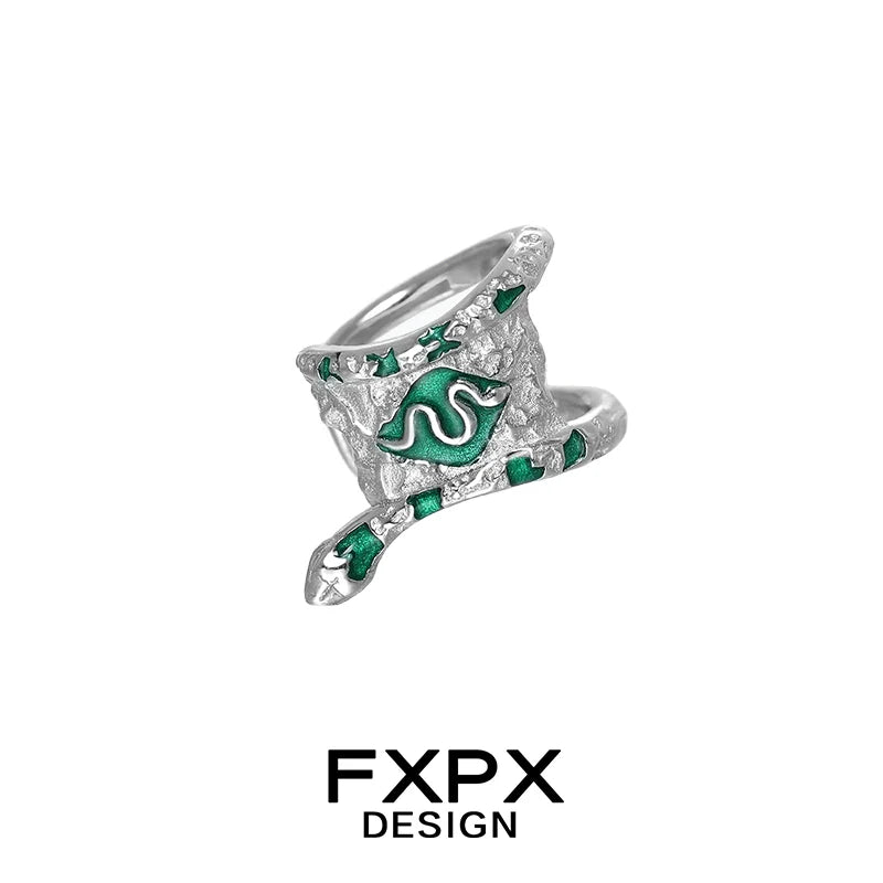 Stylish FXPX Y2K snake ear cuff in silver with green detailing for a trendy accessory