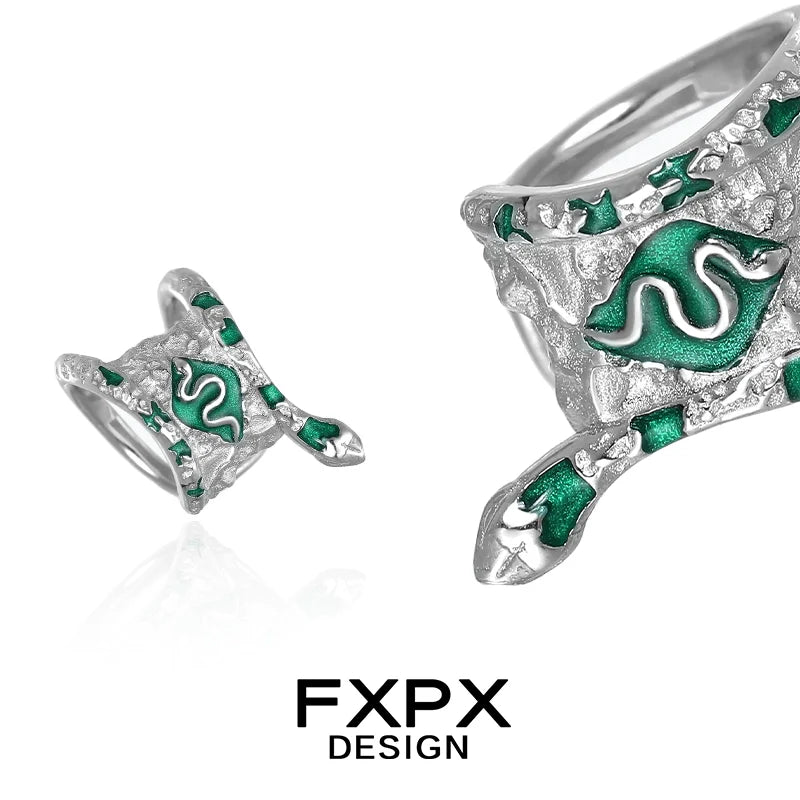 FXPX Y2K snake ear cuff in silver with green accents for a trendy statement accessory