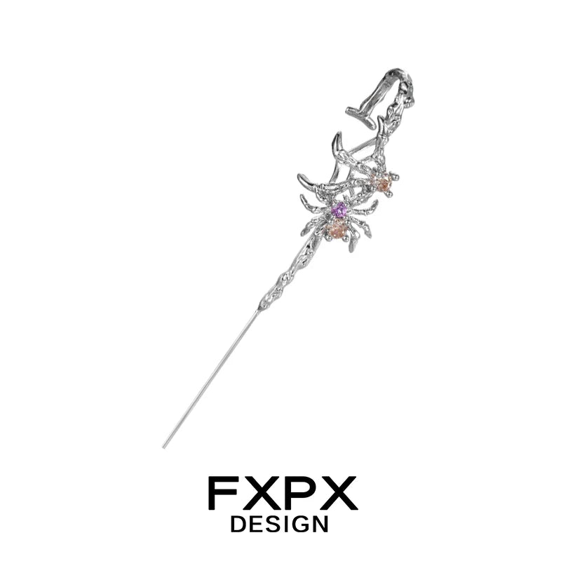 FXPX Y2K spider ear piercing jewelry featuring intricate spider design with colorful gemstones