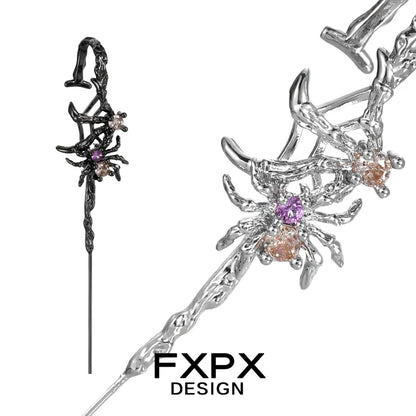 FXPX Y2K spider ear piercing jewelry with colorful gemstones and intricate spider design
