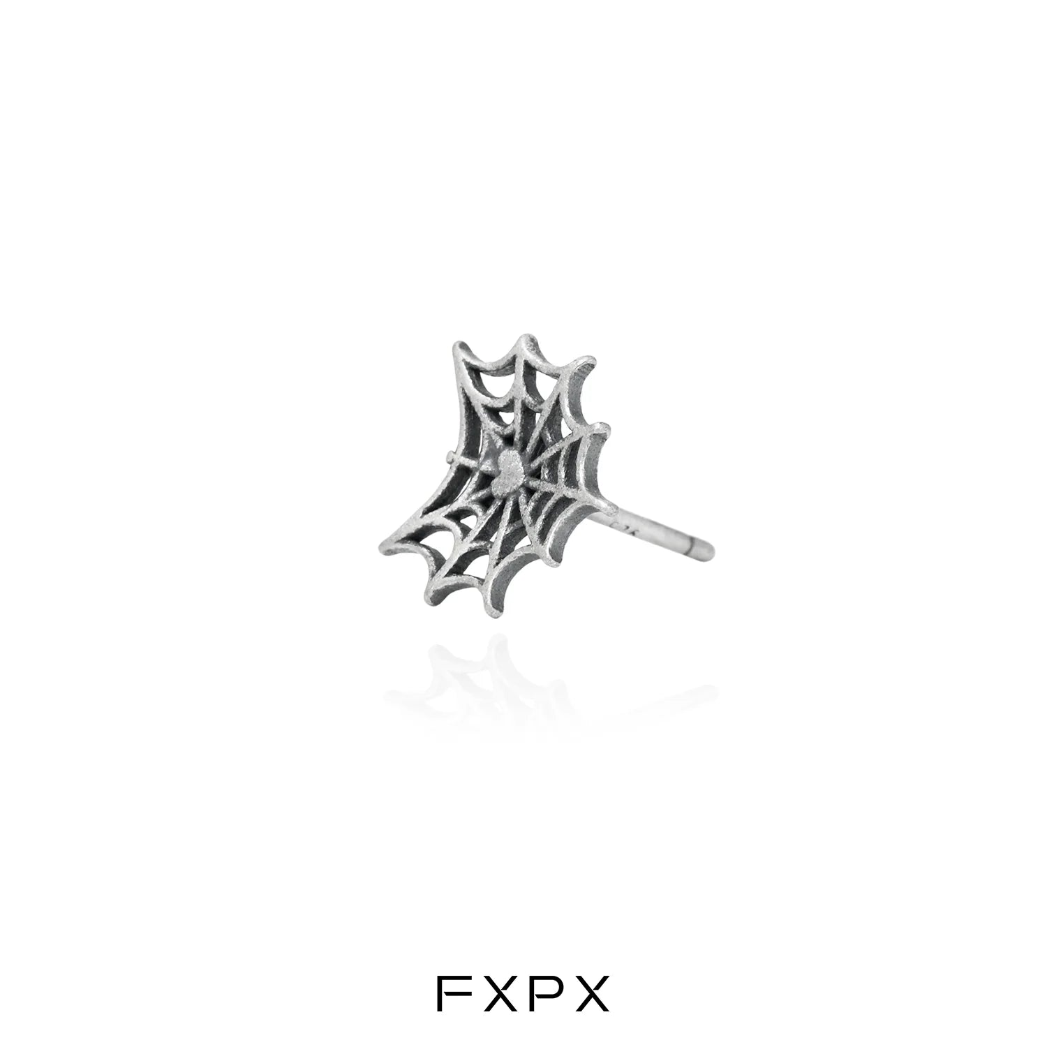 FXPX y2k spider web earrings in silver with intricate web design and stud backing