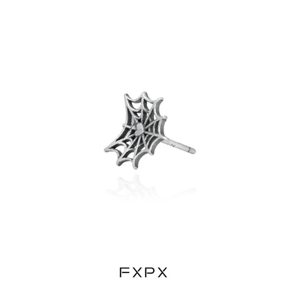 FXPX y2k spider web earrings in silver with intricate web design and stud backing