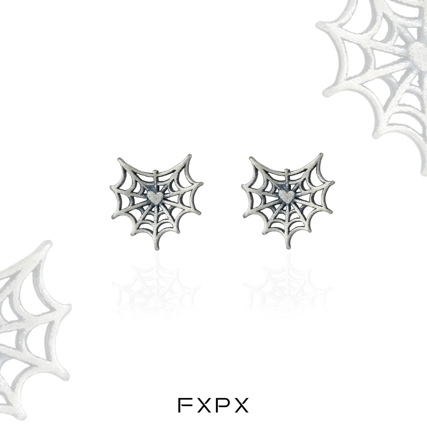 FXPX y2k spider web earrings in silver with intricate web design and heart details