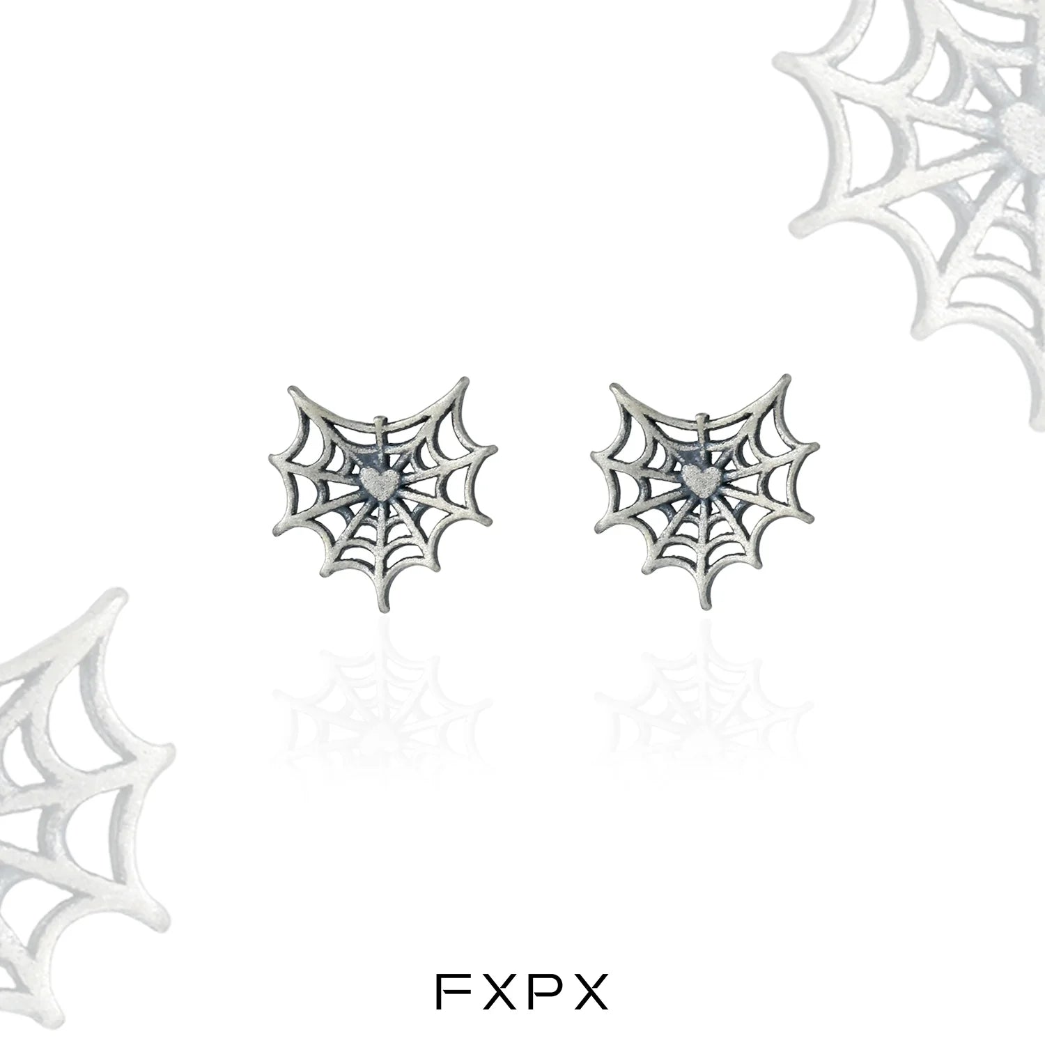 FXPX y2k spider web earrings in silver with intricate web design and heart details