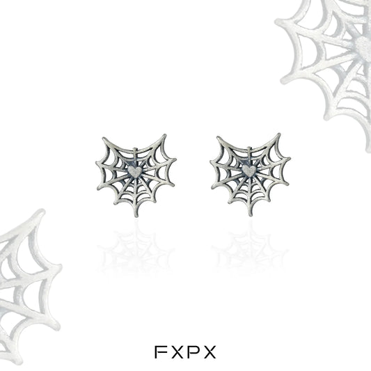 FXPX y2k spider web earrings in silver with intricate web design and heart details