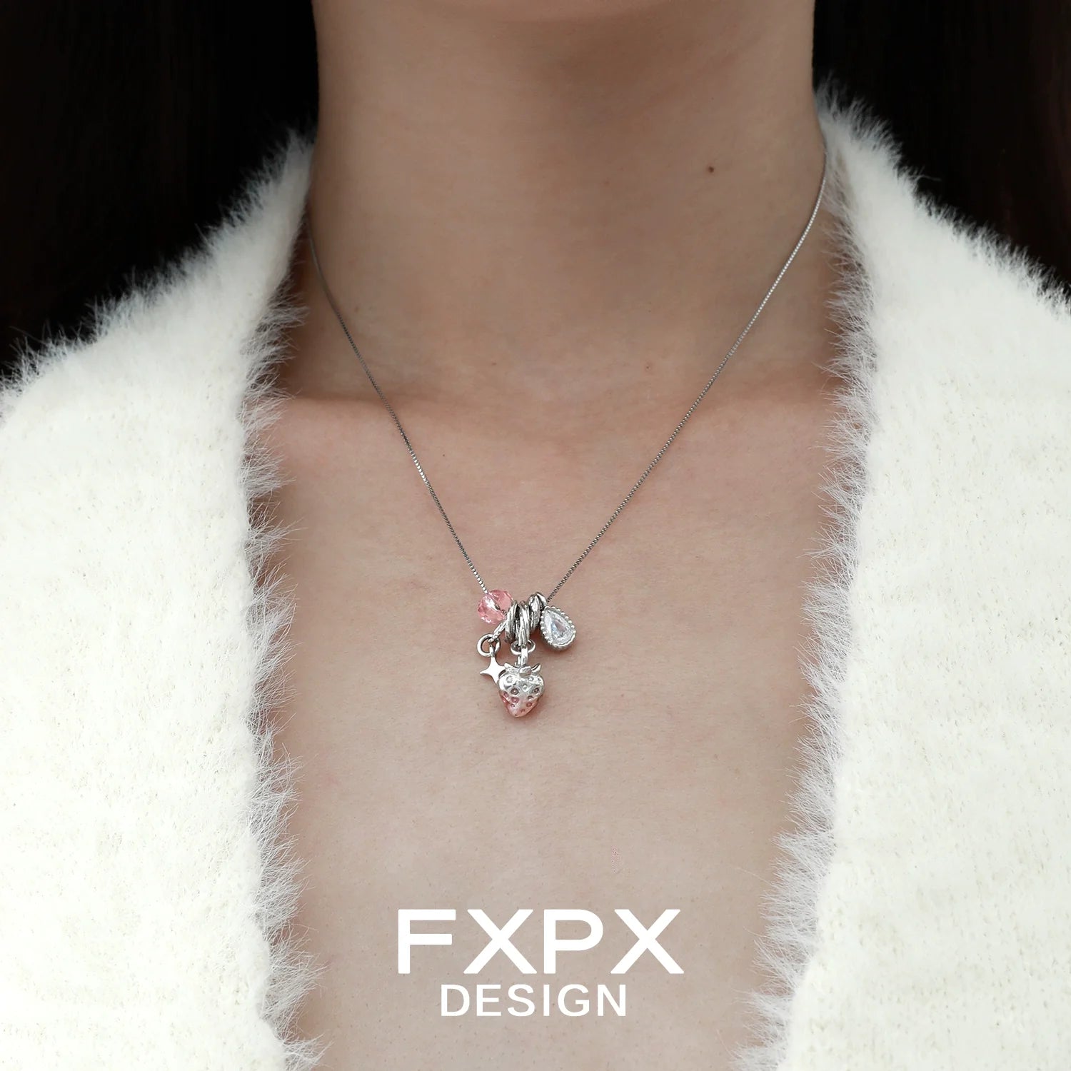 Y2K strawberry necklace with pink charms on a delicate silver chain for stylish accessories