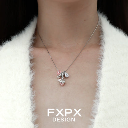 Y2K strawberry necklace with pink charms on a delicate silver chain for stylish accessories