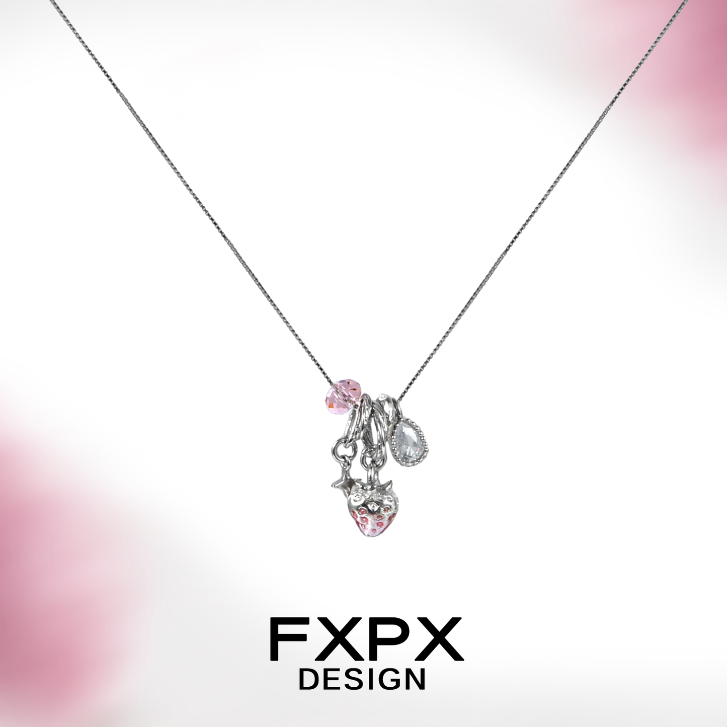 FXPX Y2K strawberry necklace with sparkling pink and clear gems on a silver chain