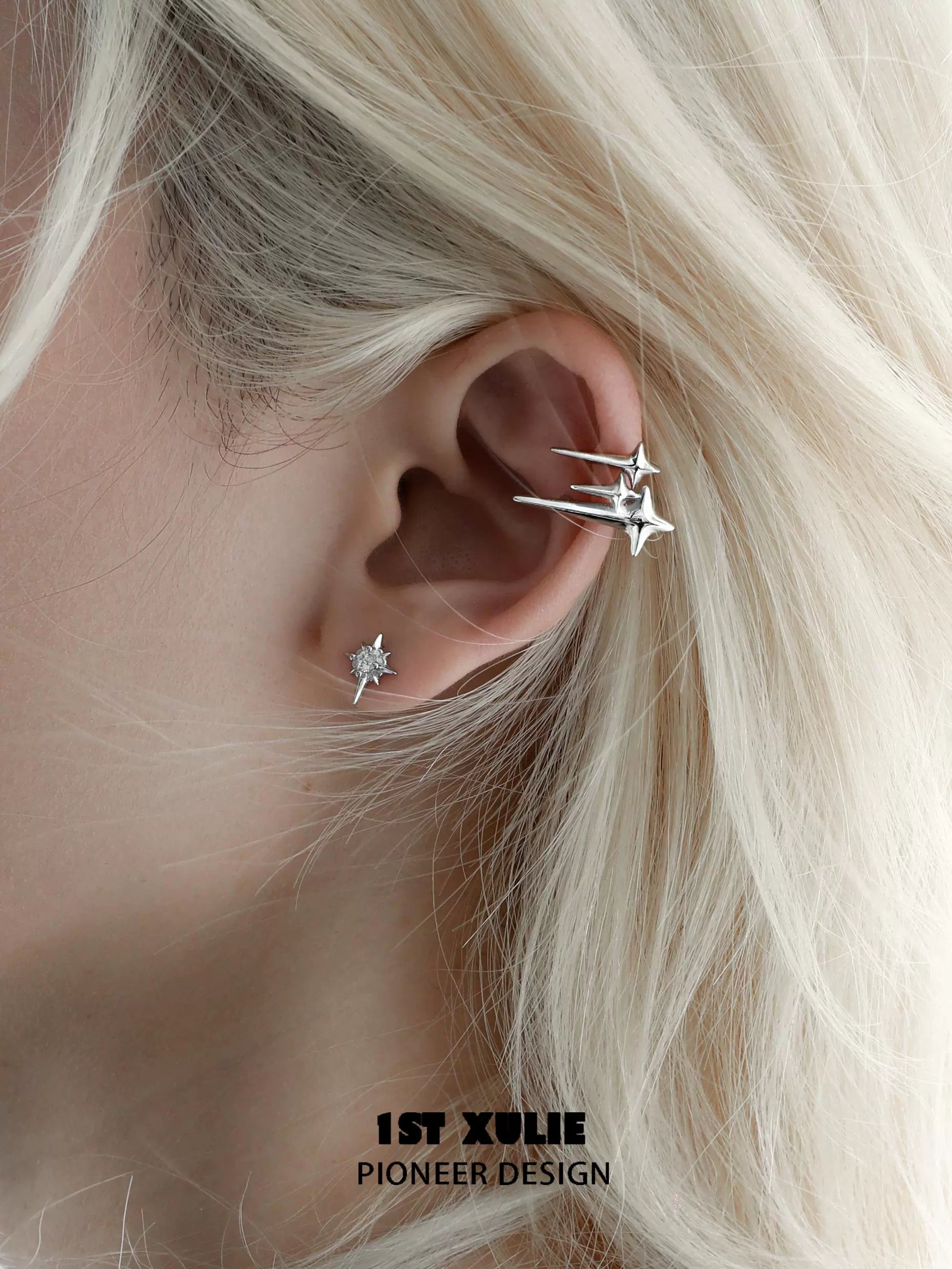 1STXULIE galactic star geometric earrings in silver, showcasing unique star designs for a modern look