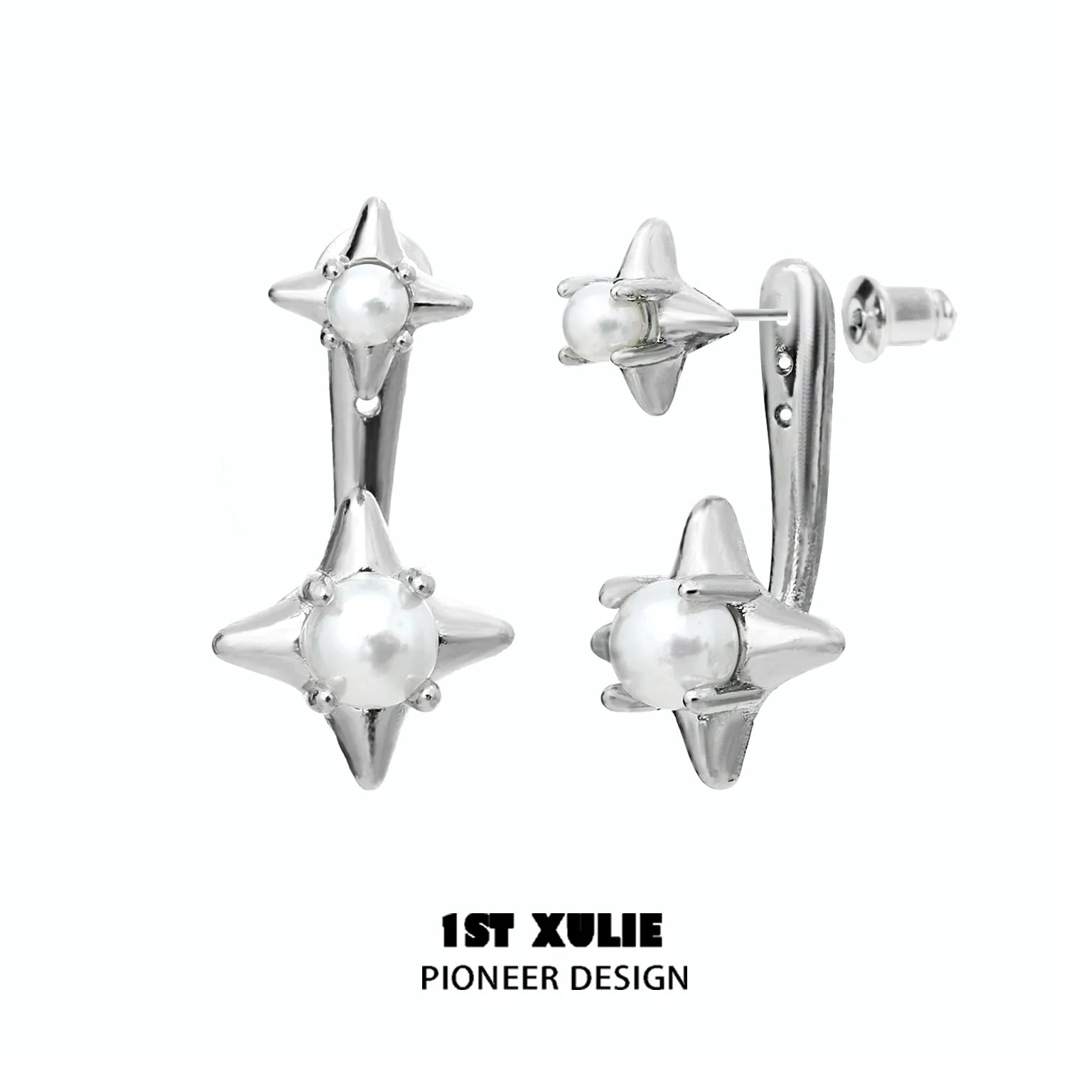 Elegant galaxy pearl stud earrings featuring silver star designs and lustrous pearls for a chic look