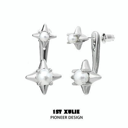 Elegant galaxy pearl stud earrings featuring silver star designs and lustrous pearls for a chic look