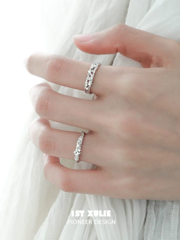 Silver Galaxy Star Couple Ring Set featuring intricate star designs for romantic couples