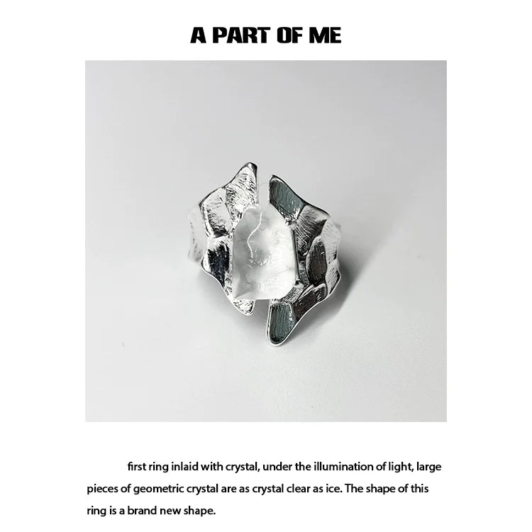 A PART OF ME geometric crystal punk ring featuring large pieces of crystal clear as ice