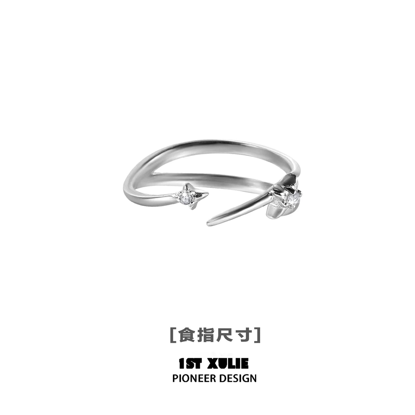 Sleek geometric silver ring featuring dual star accents for a modern touch
