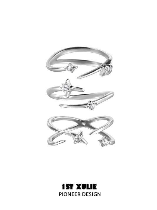 Stylish geometric silver ring set with unique designs and sparkling accents