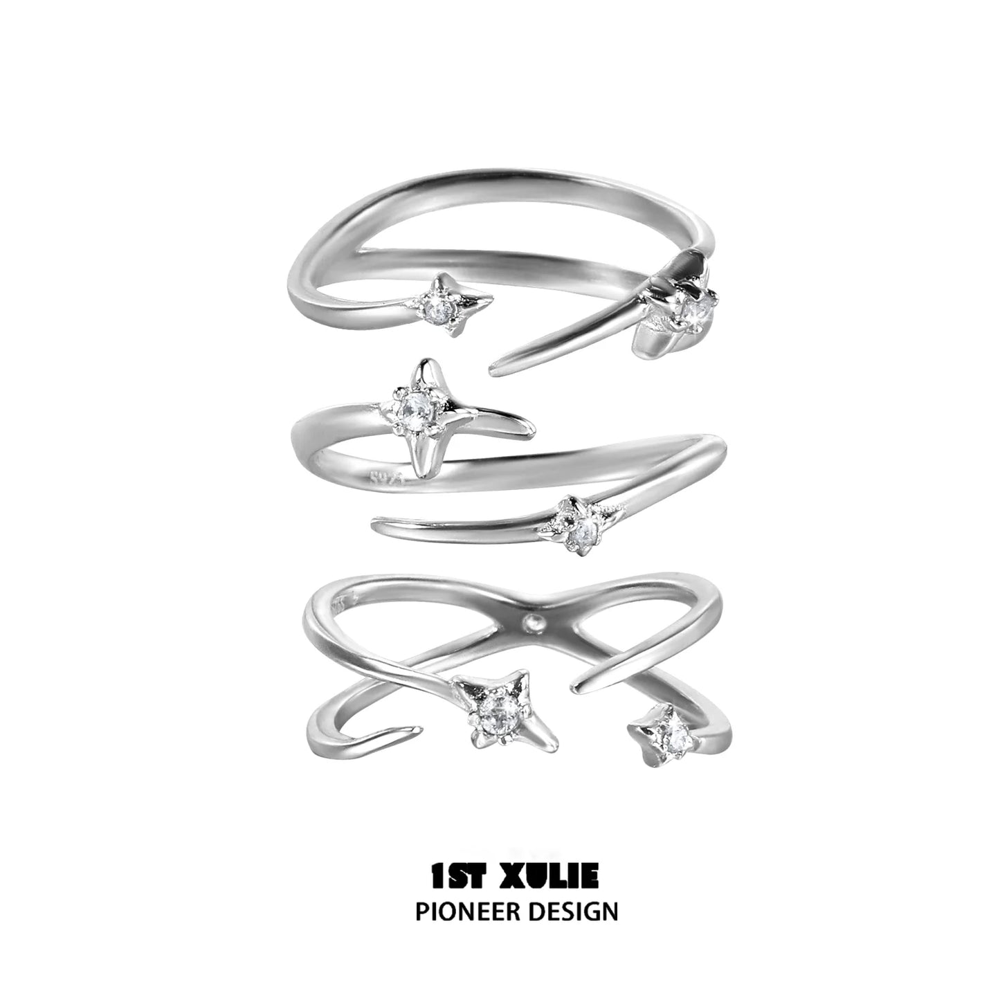 Geometric silver ring set featuring unique designs and sparkling accents by 1STXULIE