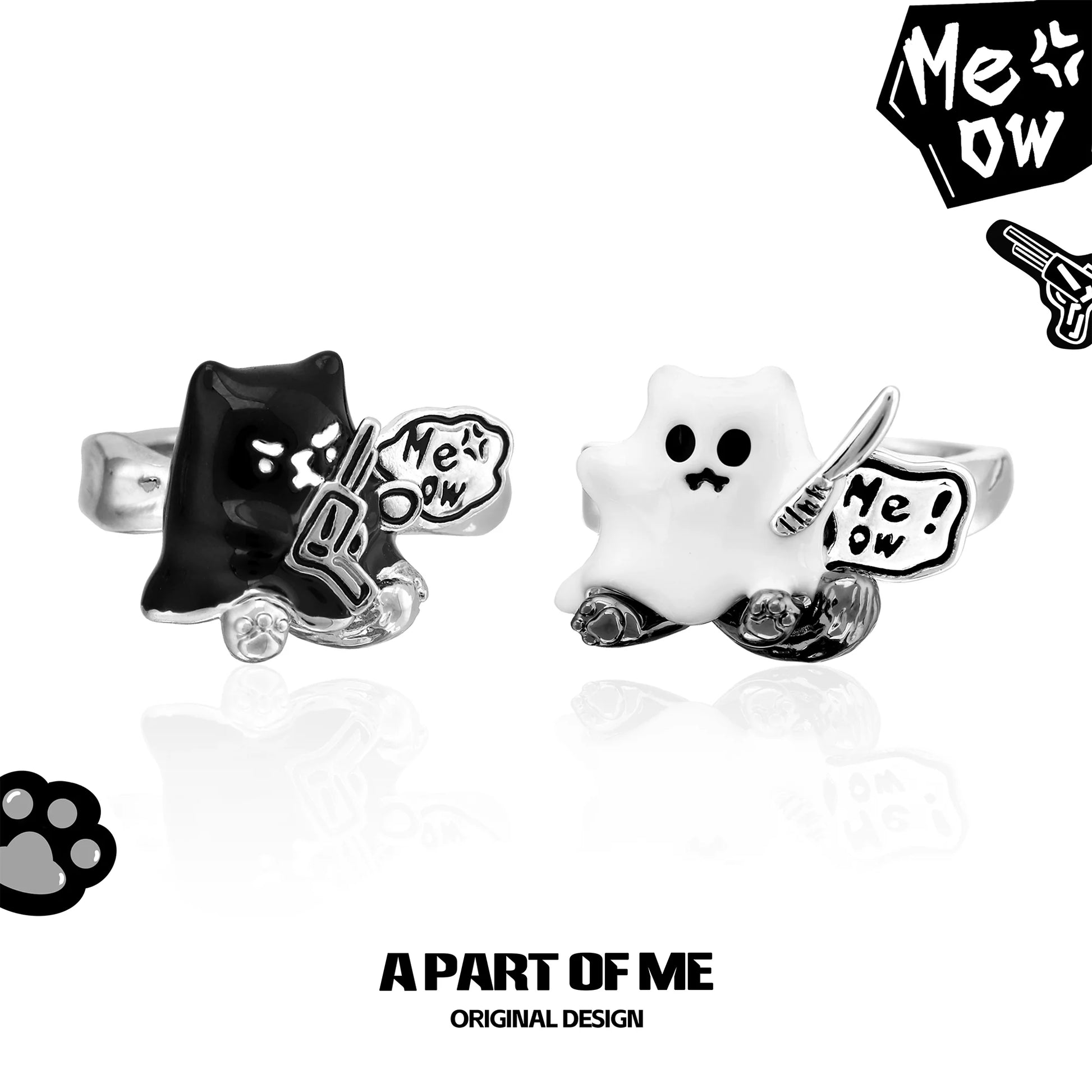 A PART OF ME ghost kitten ring featuring playful black and white cat designs with playful expressions