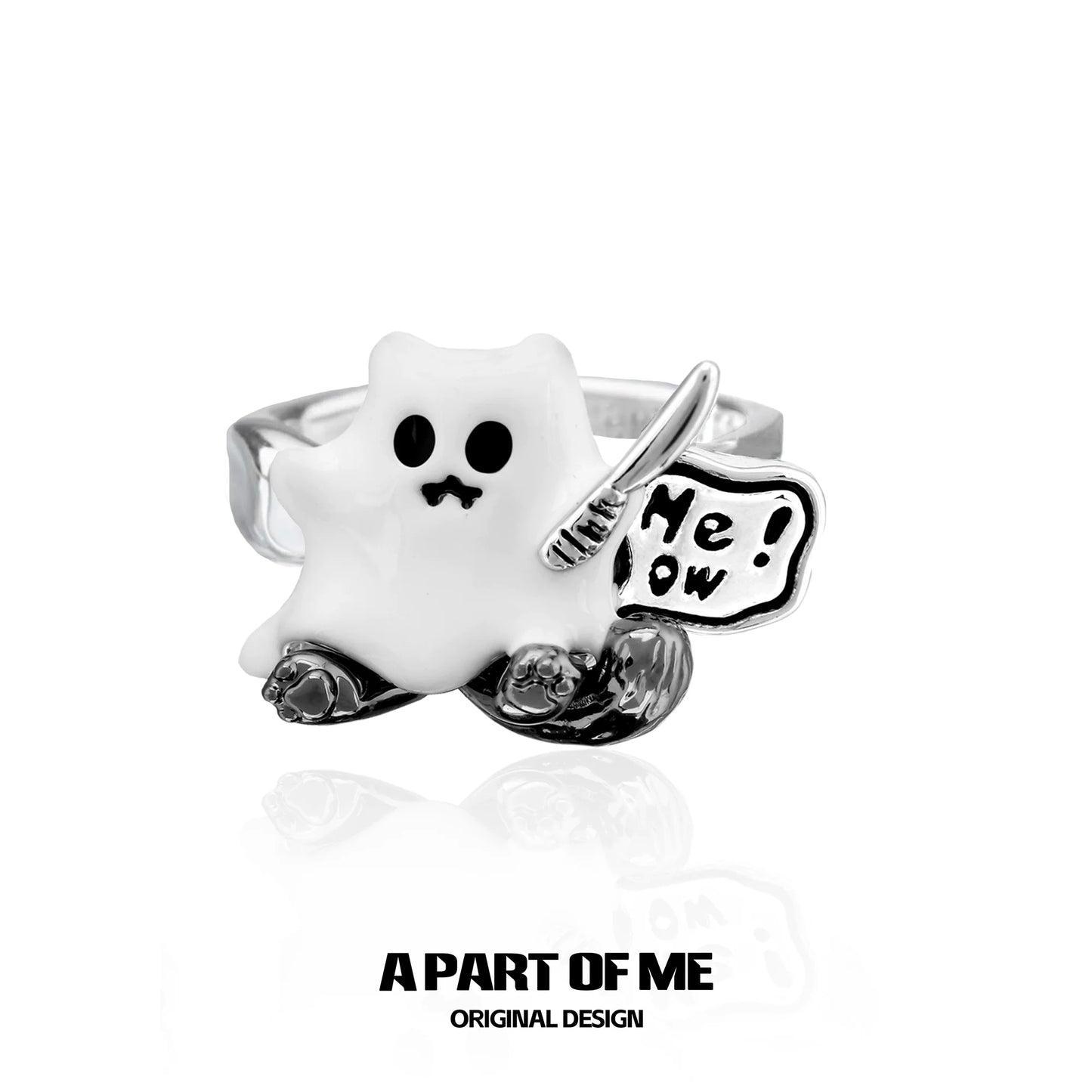 A PART OF ME ghost kitten ring featuring a cute ghost character holding a sign that says Me! Ow!