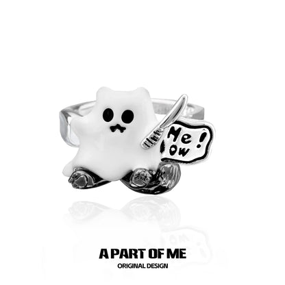 A PART OF ME ghost kitten ring featuring a cute ghost character holding a sign that says Me! Ow!