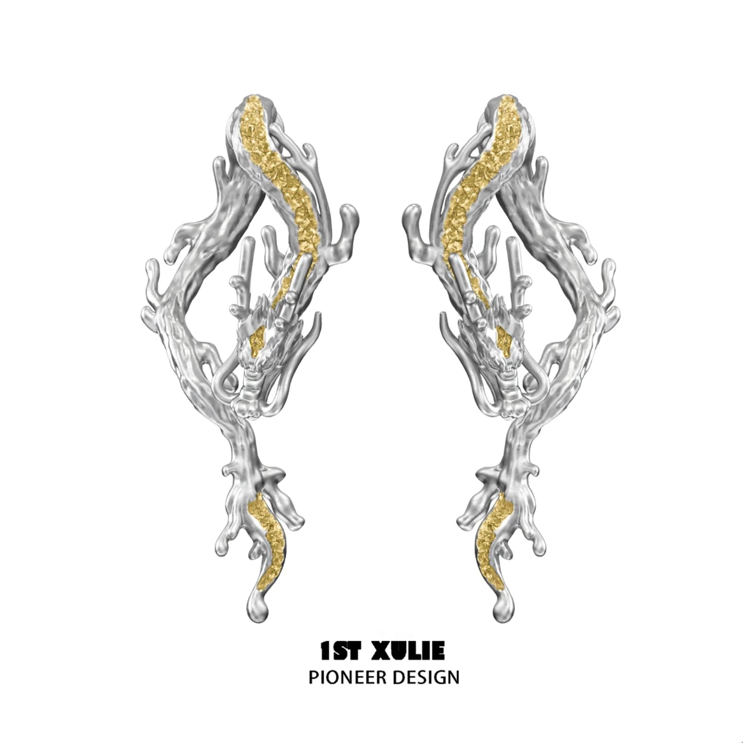 Elegant gold dragon stud earrings featuring unique branch designs and intricate detailing