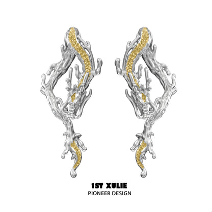 Elegant gold dragon stud earrings featuring unique branch designs and intricate detailing