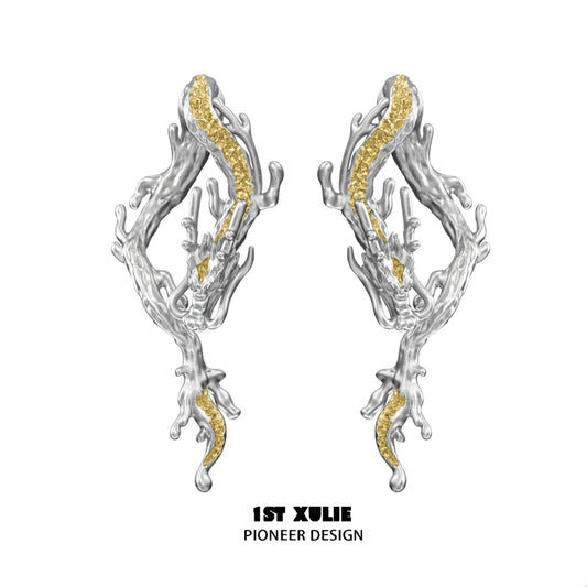 Elegant gold dragon stud earrings featuring unique branch designs and intricate detailing