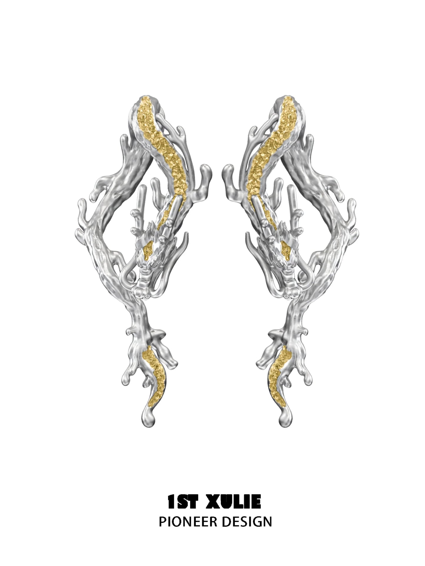 Gold dragon stud earrings with intricate design in silver and gold for unique style