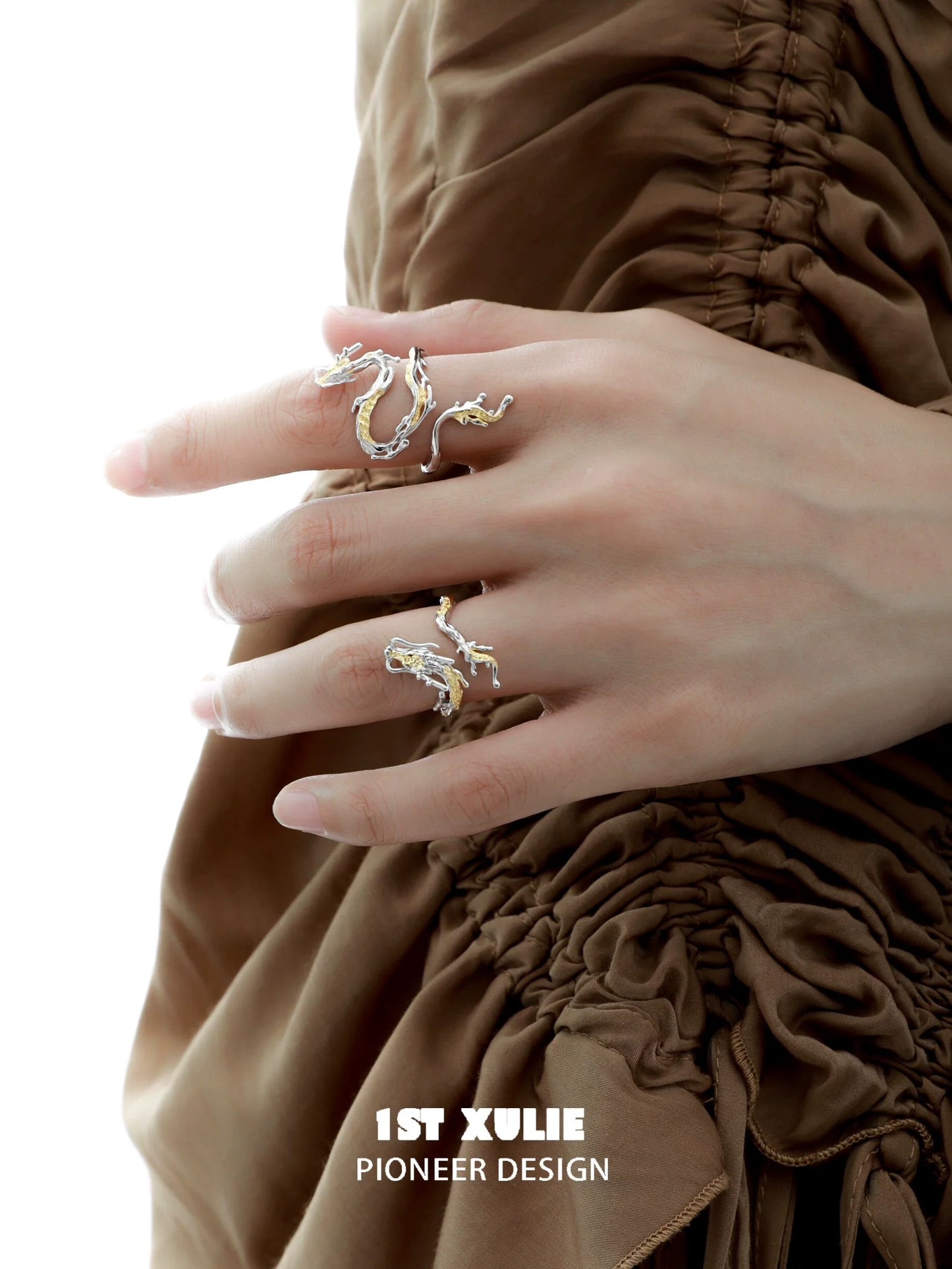 Elegant gold dragon wrap silver ring showcasing intricate dragon design on a hand