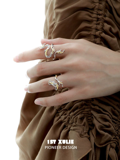 Elegant gold dragon wrap silver ring showcasing intricate dragon design on a hand