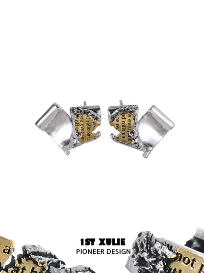 Unique 1STXULIE gold map earrings for women featuring a modern design with a textured finish