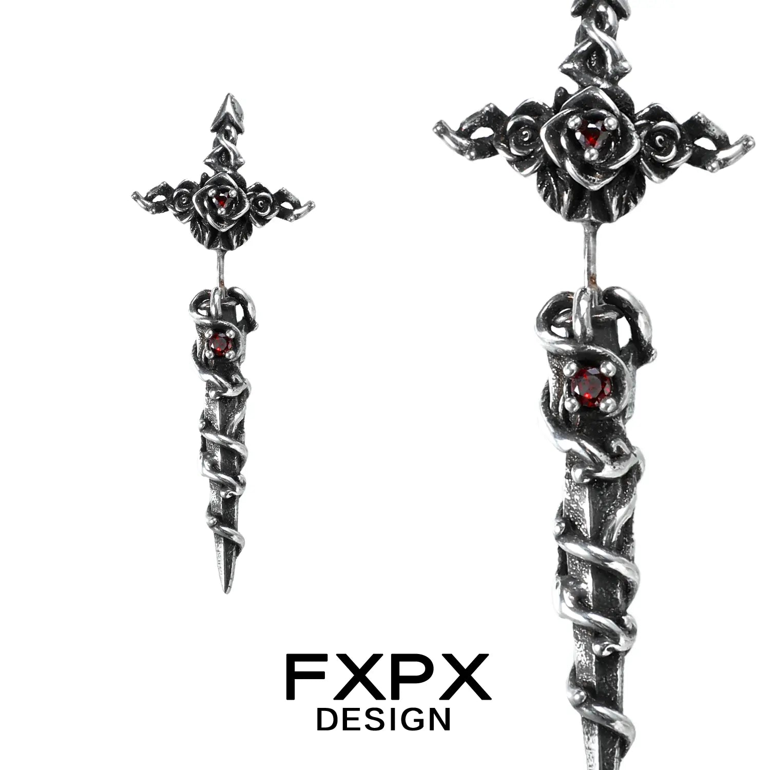 Gothhalo FXPX gothic rose red zircon earrings in silver with intricate rose and thorn design