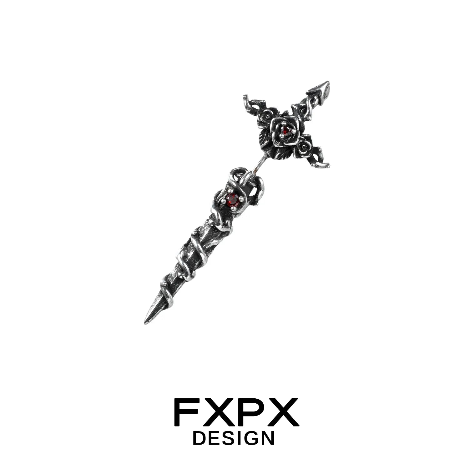 Gothhalo FXPX gothic rose red zircon earrings with intricate black metal cross design and red zircon accents