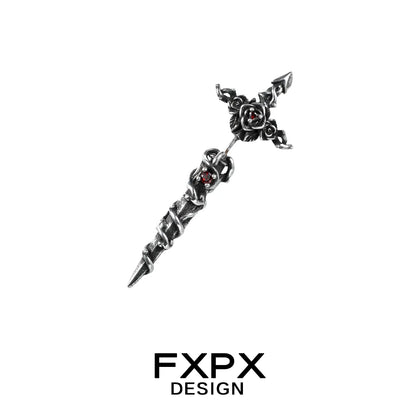 Gothhalo FXPX gothic rose red zircon earrings with intricate black metal cross design and red zircon accents