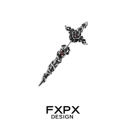 Gothhalo FXPX gothic rose red zircon earrings with intricate black metal cross design and red zircon accents