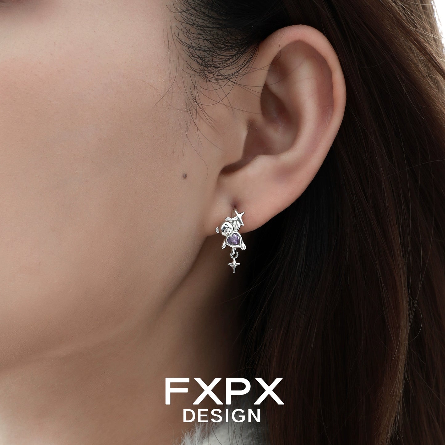 FXPX cute purple bear ear clips from Gothhalo Jewelry worn by a model showcasing their unique design