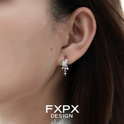 FXPX cute purple bear ear clips from Gothhalo Jewelry worn by a model showcasing their unique design